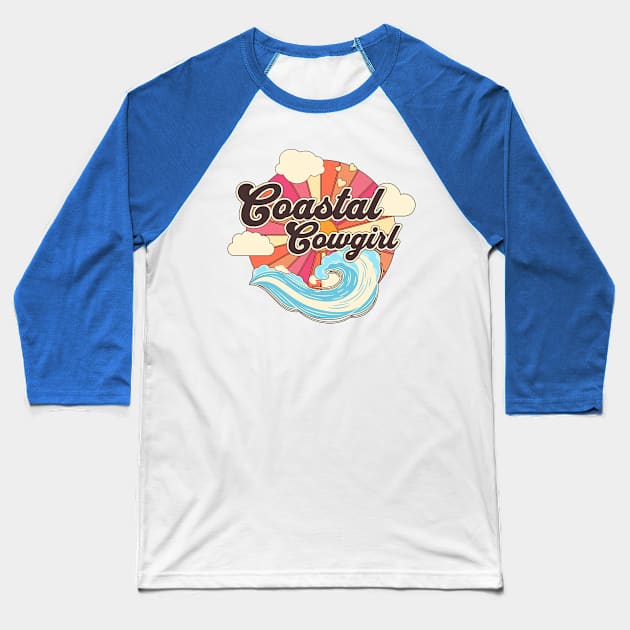 Coastal Cowgirl Retro Vintage Aesthetic Illustration Tee - Beach Vibes Baseball T-Shirt by TeeTrendz
